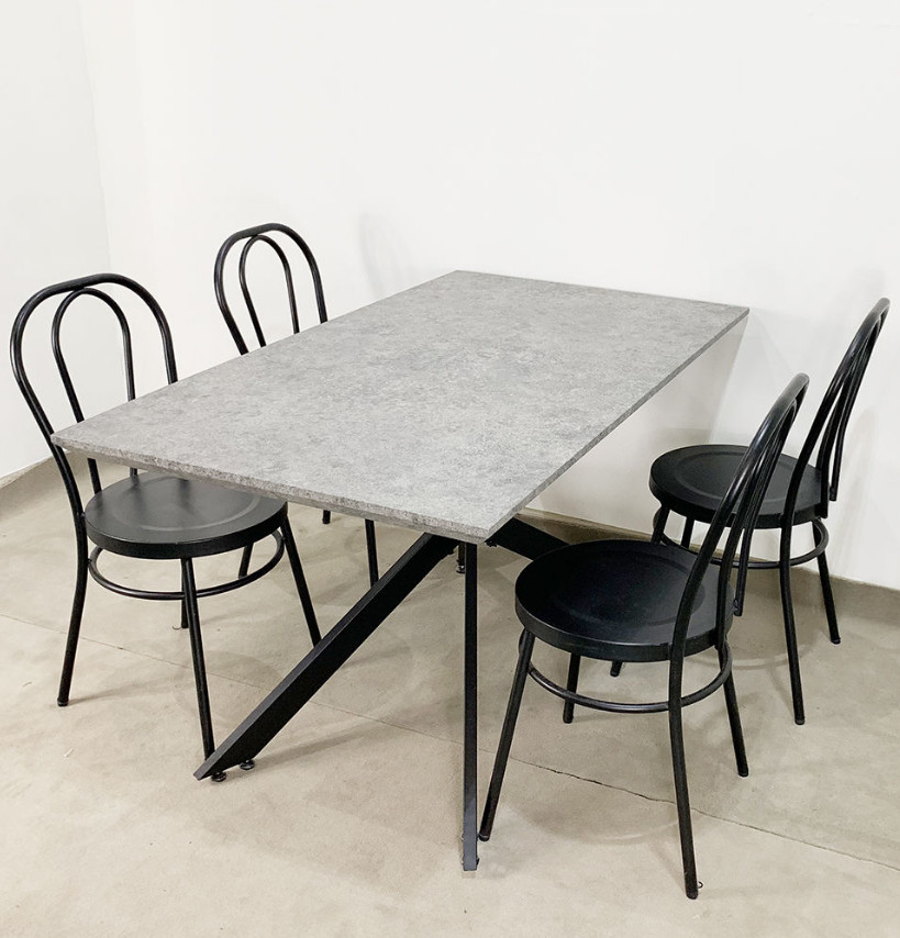 Bộ bàn ăn mặt gỗ giả đá+ 4 ghế sắt giá rẻ: KG – BA002