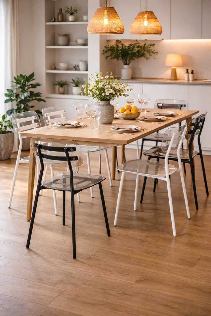 Ghế ăn - cafe chân sắt sơn tĩnh điện mặt nhựa trong suốt: KG - E621