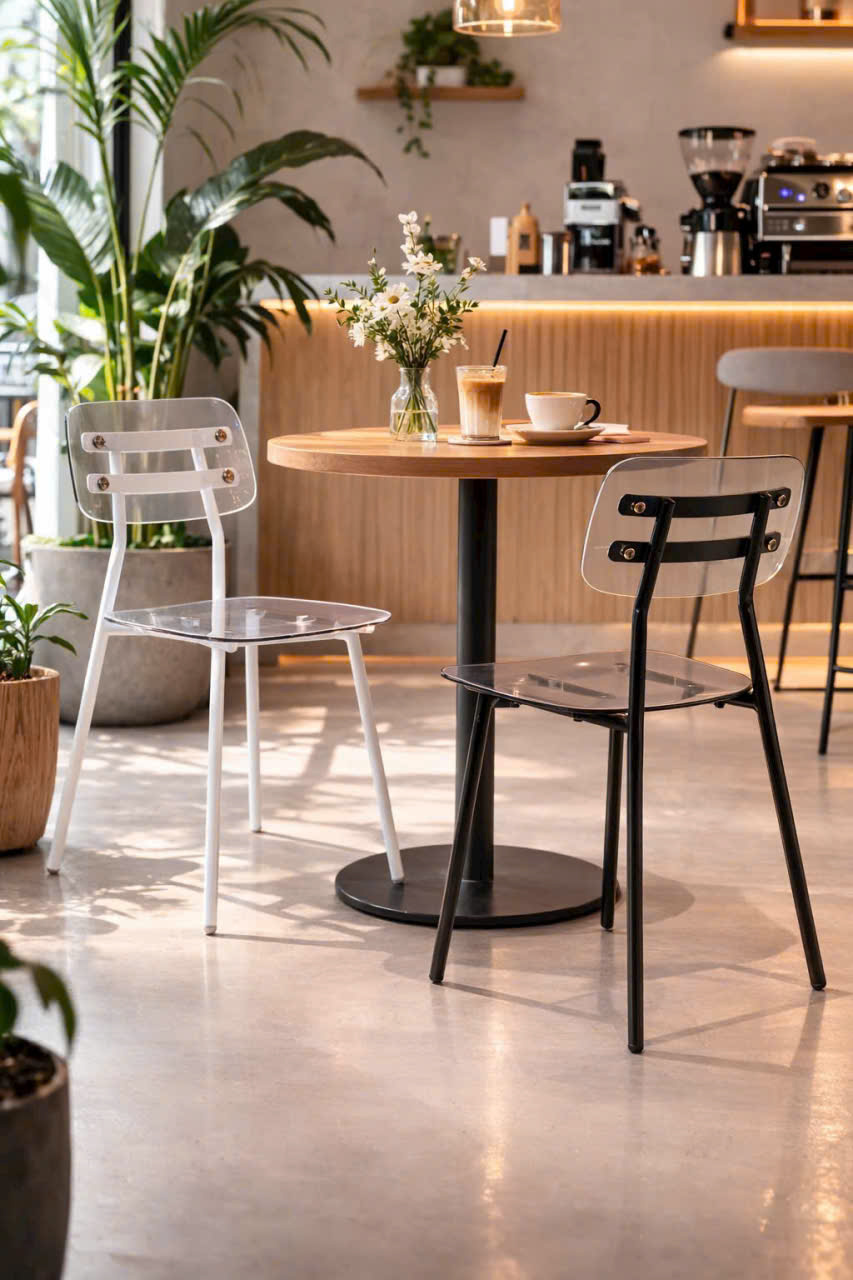 Bộ bàn ghế cafe hiện đại 2 ghế nhựa trong suốt